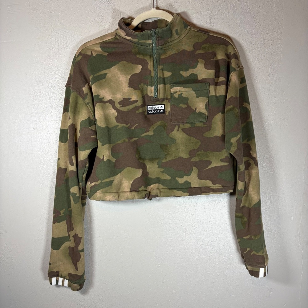 Adidas Originals Womens Camo Cropped Quarter Zip Sweatshirt EC0763 Green Medium‎
